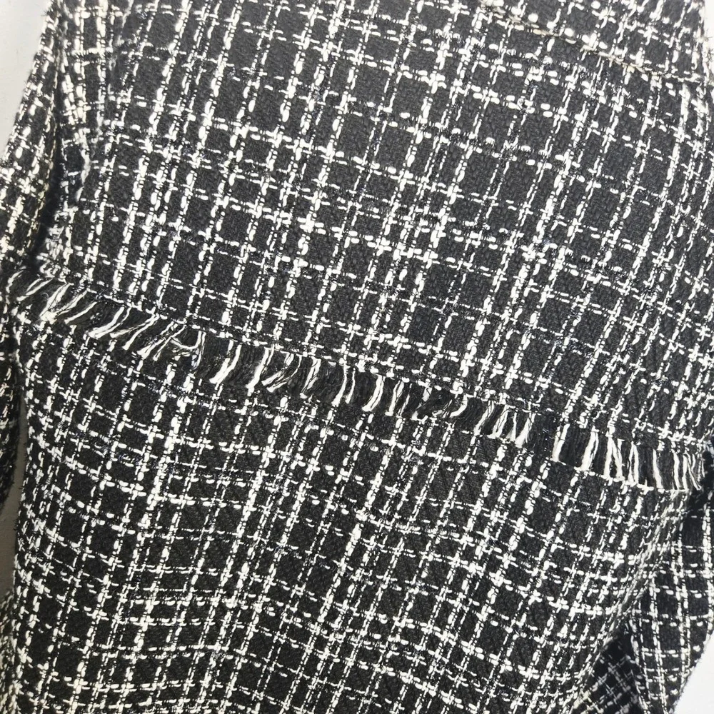 Cato Black White Tweed Shirt Jacket Shacket Button Front Fringe Pockets Small